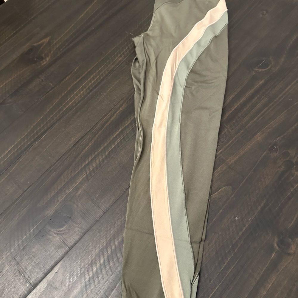 Aerie Olive Leggings with Pink Stripe